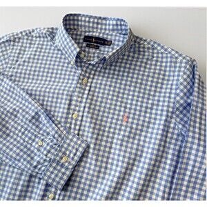 Ralph Lauren Mens Classic Fit Blue Gingham Long Sleeve Shirt XXL 100% Stretch